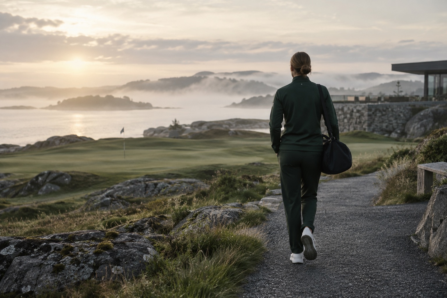 Atlet i mørkegrønt træningstøj på en norsk golfbane ved kysten